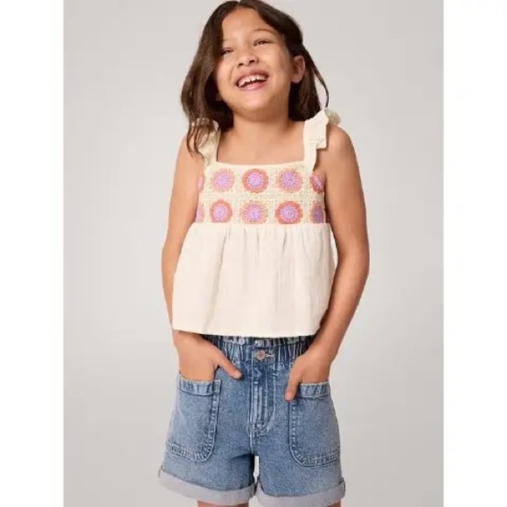 NWOT Gap Girls Small 6-7 Cream Linen Crochet Tank Top Rose Leggings Outfit